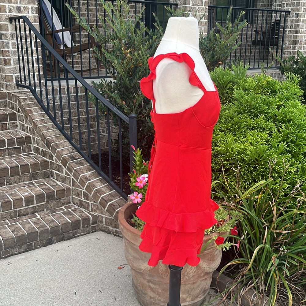 Red Flirty Flutter Sleeve Party Mini Dress New - Picture 9 of 13